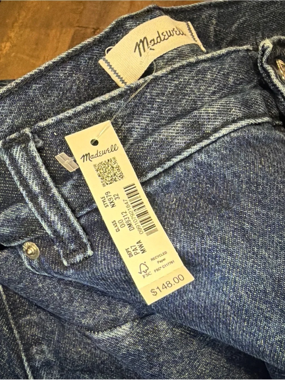 Madewell Pieced Barrel-Leg Jeans Rigid Cotton Blue Denim Mckinney Wash 32 FLAW